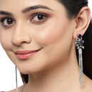 Navy Blue Rhodium-Plated with Silver-Toned American Diamond Contemporary Drop Earrings