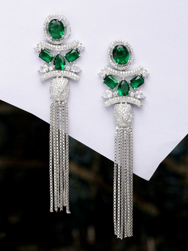 Rhodium-Plated With Silver-Toned American Diamond Studded Drop Earrings