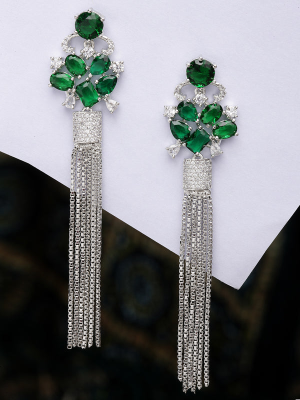 Green Rhodium-Plated with Silver-Toned American Diamond Contemporary Drop Earrings