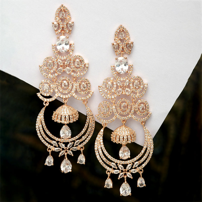 Rose Gold-Plated White American Diamond Floral Drop Earrings