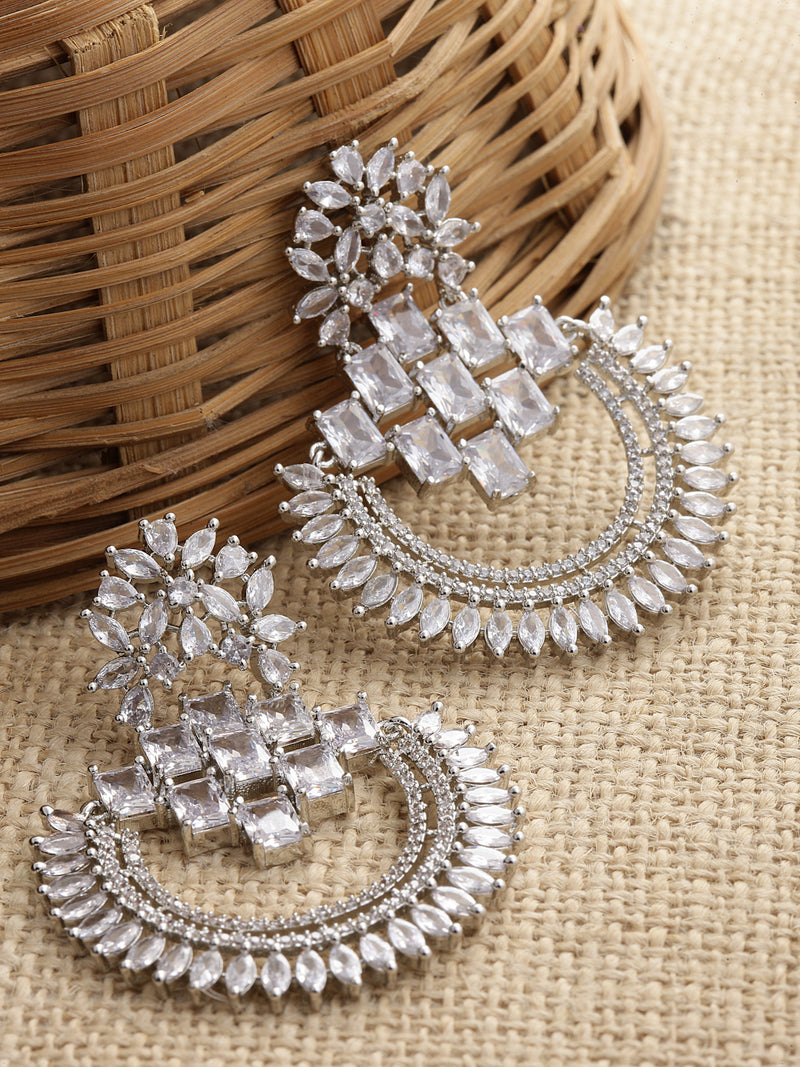 Rhodium-Plated American Diamond Studded Circular Chandbali Earrings