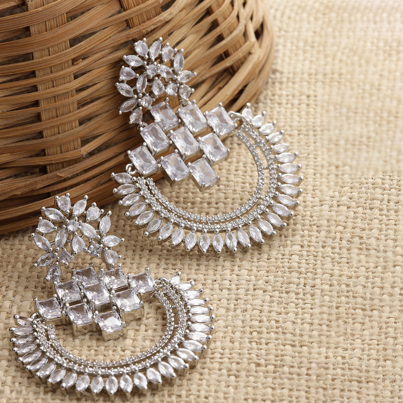 Rhodium-Plated American Diamond Studded Circular Chandbali Earrings