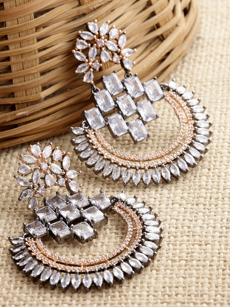 Rose Gold-Plated Gunmetal Toned American Diamond Studded Circular Chandbali Earrings