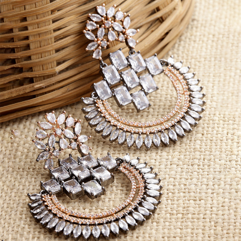 Rose Gold-Plated Gunmetal Toned American Diamond Studded Circular Chandbali Earrings