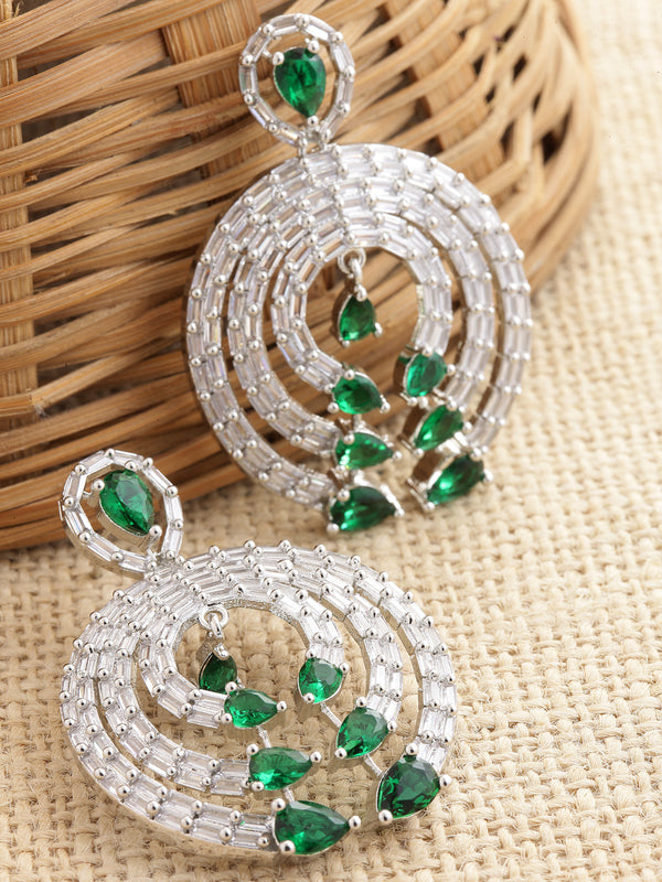 Rhodium-Plated with Silver-Tone Green & White American Diamond Studded Circular Contemporary Drop Earrings