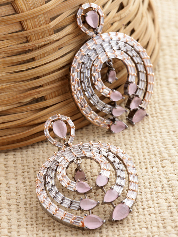 Rose Gold-Plated Gunmetal Toned Pink American Diamond Studded Circular Contemporary Drop Earrings