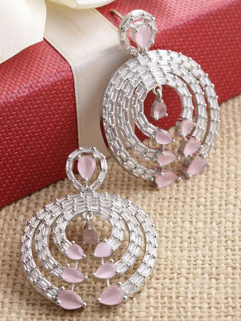 Rhodium-Plated with Silver-Tone Pink & White American Diamond Studded Circular Contemporary Drop Earrings