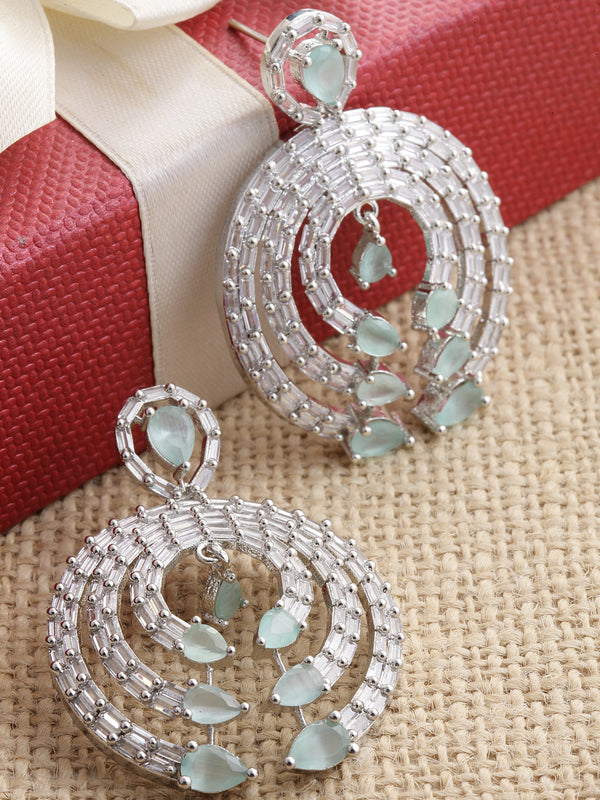 Rhodium-Plated with Silver-Tone Sea Green & White American Diamond Studded Circular Contemporary Drop Earrings