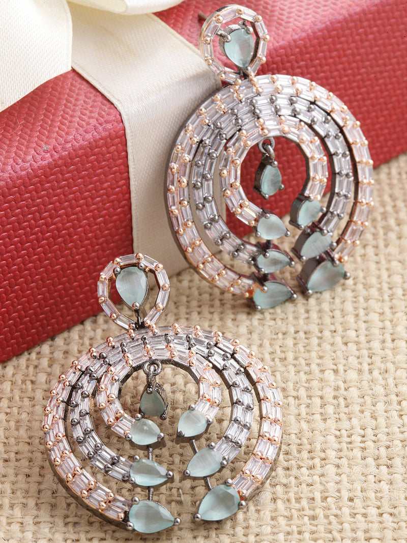 Rose Gold-Plated Gunmetal Toned Sea Green American Diamond Studded Circular Contemporary Drop Earrings
