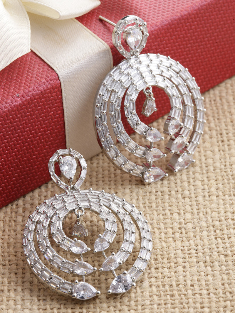 Rhodium-Plated with Silver-Tone White American Diamond Studded Circular Contemporary Drop Earrings