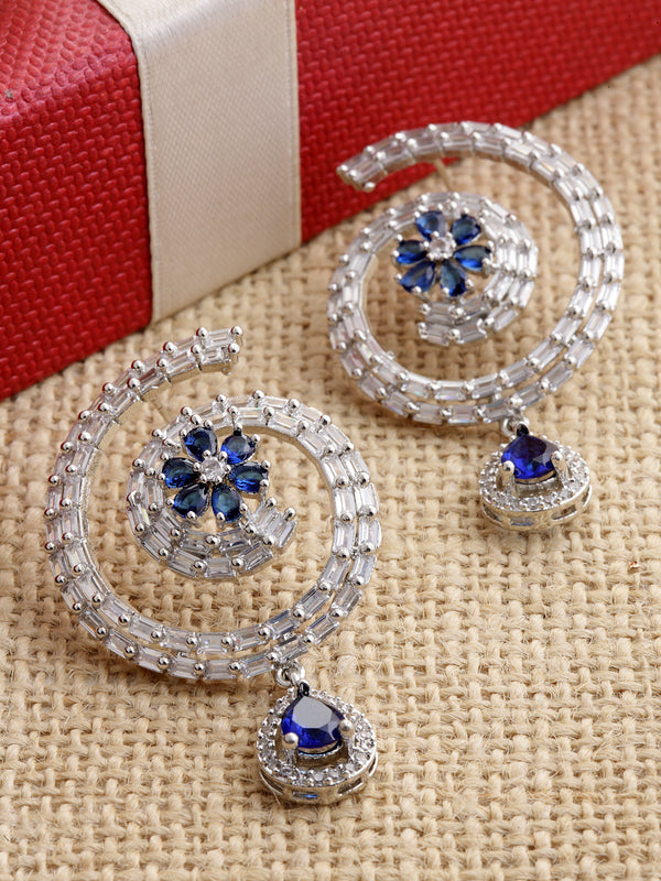 Rhodium-Plated with Silver-Toned American Diamond Circular Drop Earrings