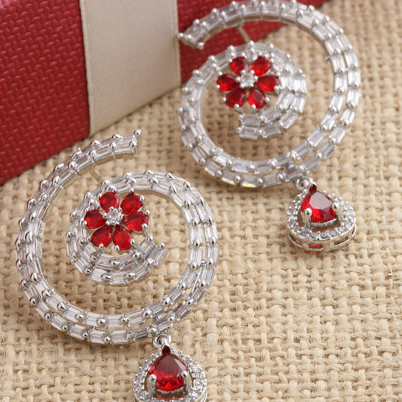 Rhodium-Plated with Silver-Toned American Diamond Circular Drop Earrings