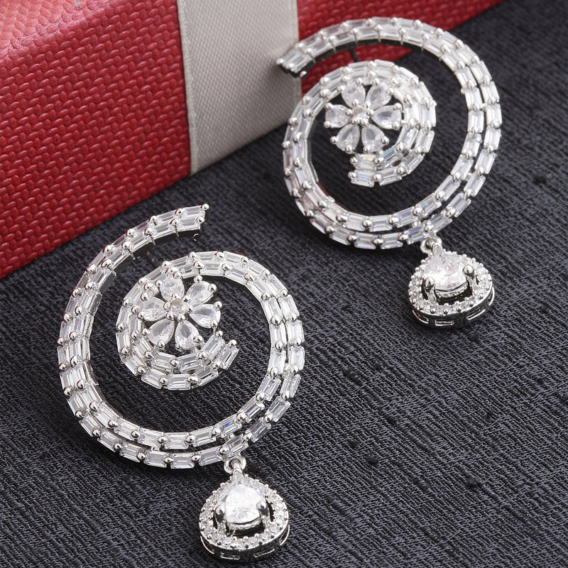 Rhodium-Plated with Silver-Toned American Diamond Circular Drop Earrings