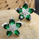 Rhodium-Plated with Silver-Toned Green American Diamond Floral Studs Earrings