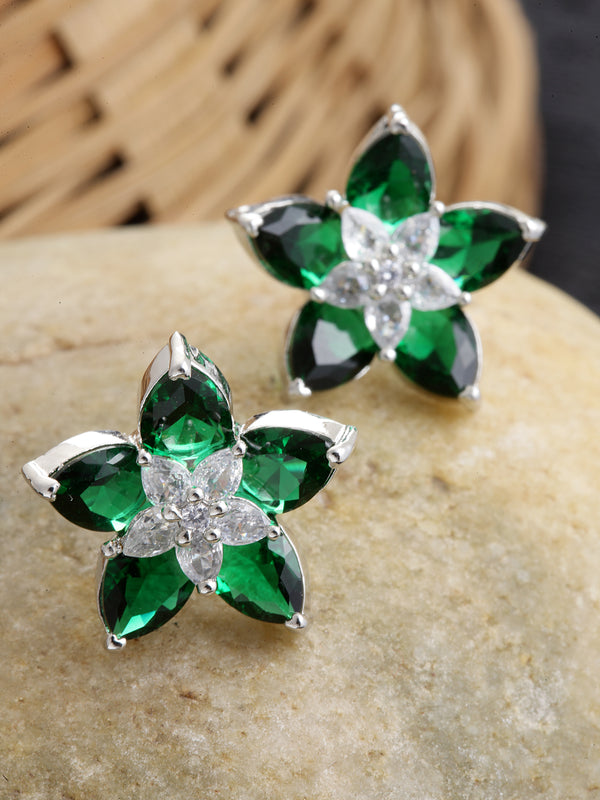 Rhodium-Plated with Silver-Toned Green American Diamond Floral Studs Earrings