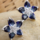 Rhodium-Plated with Silver-Toned Navy Blue American Diamond Floral Studs Earrings