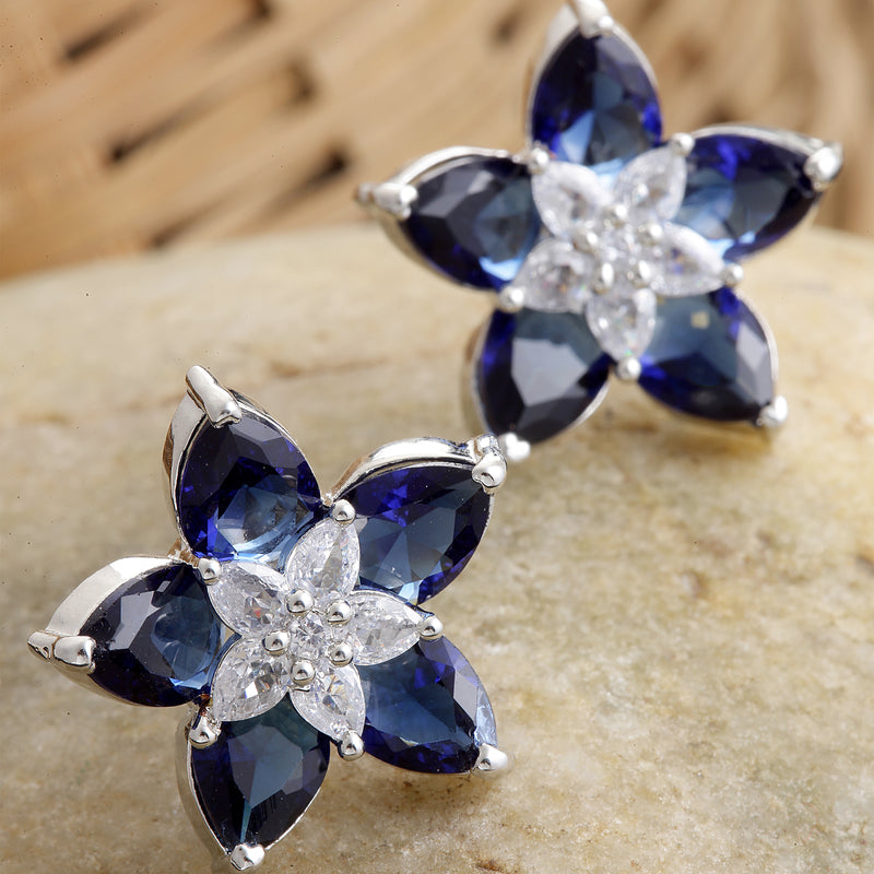 Rhodium-Plated with Silver-Toned Navy Blue American Diamond Floral Studs Earrings