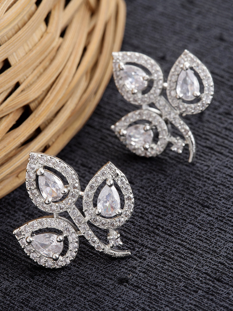 Rhodium-Plated with Silver-Toned White American Diamond Leaf Shaped Studs Earrings
