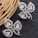 Rhodium-Plated with Silver-Toned White American Diamond Leaf Shaped Studs Earrings