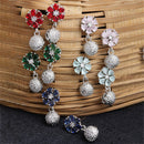 Set of 5 Rhodium Plated American Diamond Studded Floral Drop Earrings For Girls and Women