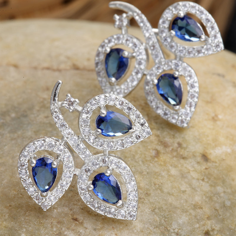Rhodium-Plated with Silver-Toned Navy Blue American Diamond Leaf Shaped Studs Earrings