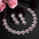 Rhodium-Plated with Silver-Toned Circular Shape Pink and White American Diamond Studded Jewellery Set