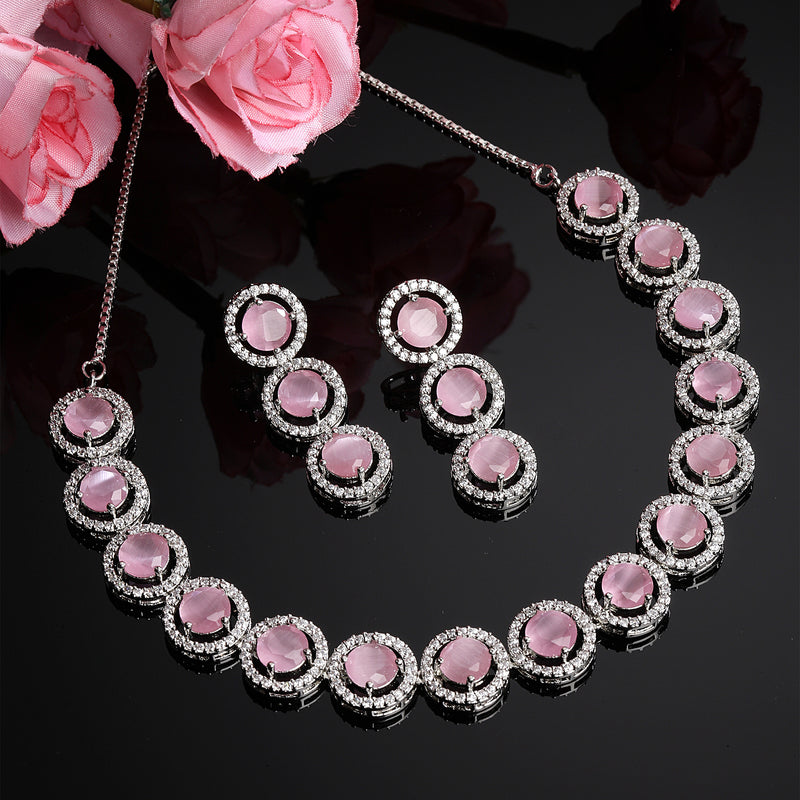 Rhodium-Plated with Silver-Toned Circular Shape Pink and White American Diamond Studded Jewellery Set