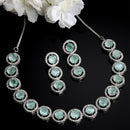 Rhodium-Plated with Silver-Toned Circular Shape Sea Green and White American Diamond Studded Jewellery Set