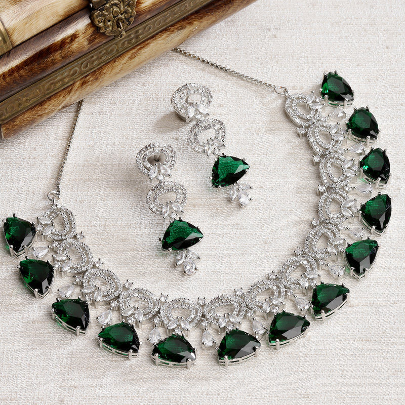Rhodium-Plated with Silver-Toned Green and White American Diamond Studded Choker Necklace and Drop Earrings Jewellery Set