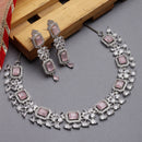 Rhodium-Plated with Silver-Toned Pink and White American Diamond Studded Necklace and Earrings Jewellery Set