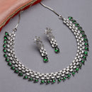 Rhodium-Plated with Silver-Toned Green and White American Diamond Studded Necklace & Earrings Jewellery Set
