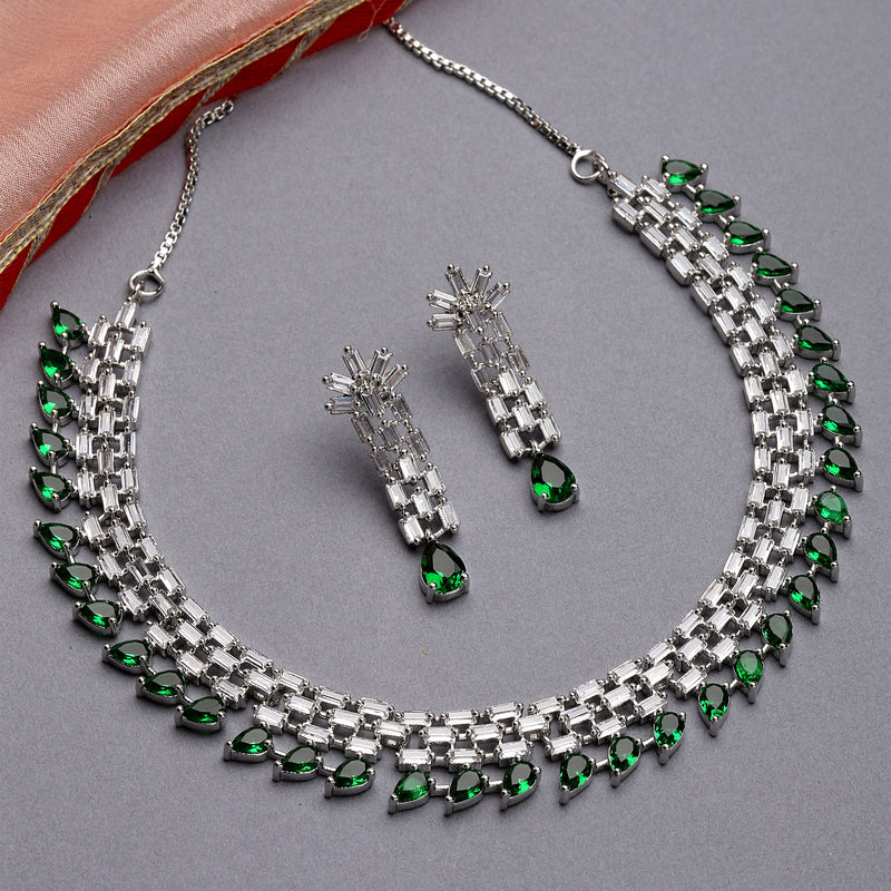Rhodium-Plated with Silver-Toned Green and White American Diamond Studded Necklace & Earrings Jewellery Set