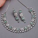 Rhodium-Plated with Silver-Toned Sea Green and White American Diamond Studded Necklace and Earrings Jewellery Set