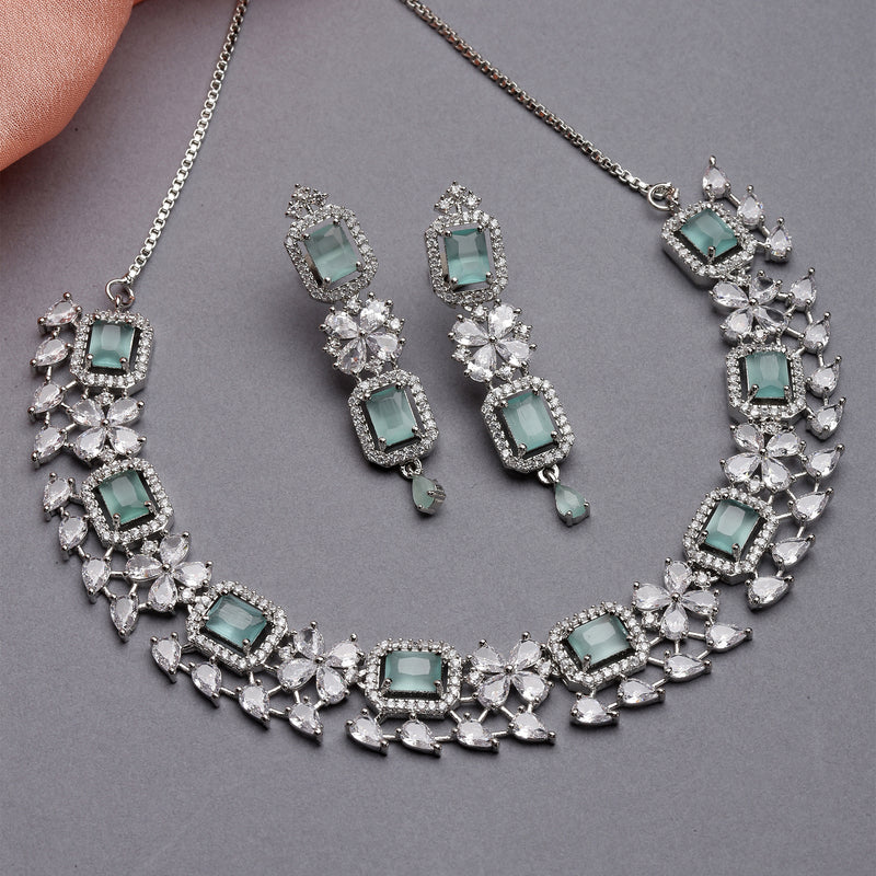 Rhodium-Plated with Silver-Toned Sea Green and White American Diamond Studded Necklace and Earrings Jewellery Set
