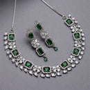 Rhodium-Plated with Silver-Toned Green and White American Diamond Studded Necklace and Earrings Jewellery Set