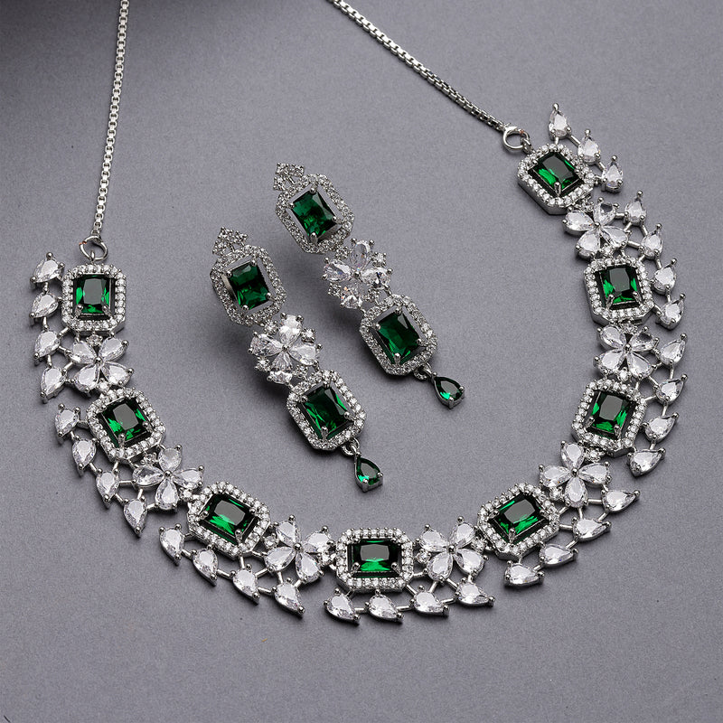 Rhodium-Plated with Silver-Toned Green and White American Diamond Studded Necklace and Earrings Jewellery Set