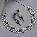 Rhodium-Plated with Silver-Toned Navy Blue and White American Diamond Studded Necklace and Earrings Jewellery Set