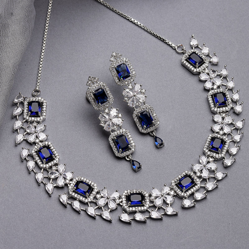 Rhodium-Plated with Silver-Toned Navy Blue and White American Diamond Studded Necklace and Earrings Jewellery Set
