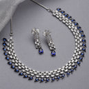 Rhodium-Plated with Silver-Toned Navy Blue and White American Diamond Studded Necklace & Earrings Jewellery Set