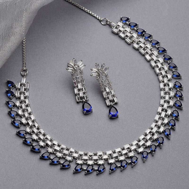 Rhodium-Plated with Silver-Toned Navy Blue and White American Diamond Studded Necklace & Earrings Jewellery Set