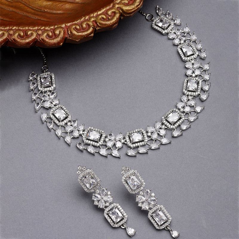 Rhodium-Plated with Silver-Toned White American Diamond Studded Necklace and Earrings Jewellery Set