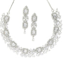 Rhodium-Plated with Silver-Toned White American Diamond Studded Necklace and Earrings Jewellery Set
