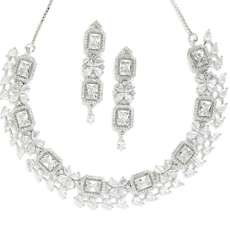 Rhodium-Plated with Silver-Toned White American Diamond Studded Necklace and Earrings Jewellery Set
