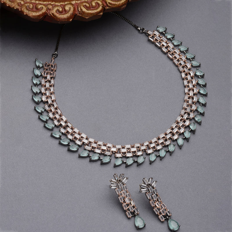 Rose Gold-Plated Sea Green and Rose Black American Diamond Studded Necklace & Earrings Jewellery Set