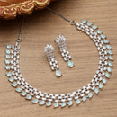 Rhodium-Plated with Silver-Toned Sea Green and White American Diamond Studded Necklace & Earrings Jewellery Set