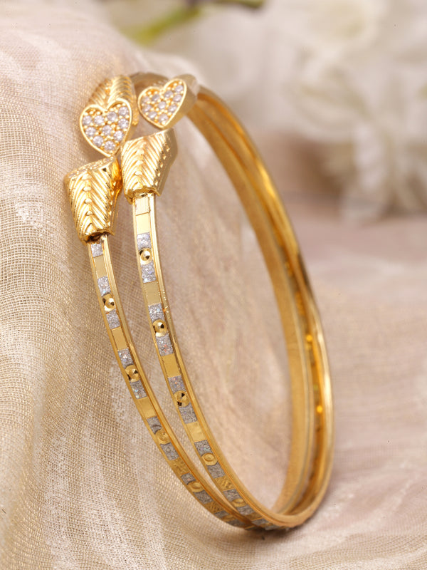 Gold-Plated Heart Shaped White American Diamond studded Bangle Style Handcrafted Bracelets (Set Of 2)
