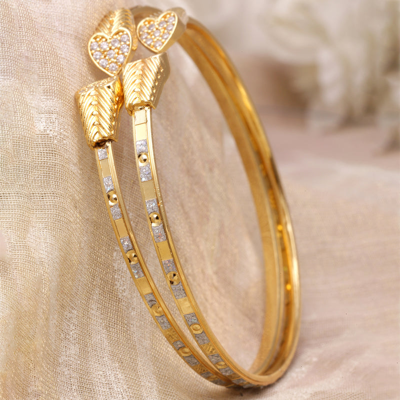 Gold-Plated Heart Shaped White American Diamond studded Bangle Bracelets (Set Of 2)