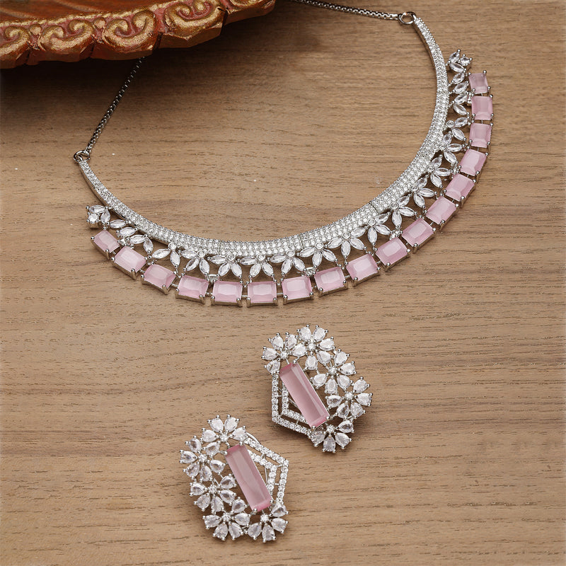 Rhodium-Plated with Silver-Toned White and Pink American Diamond Studded Jewellery Set
