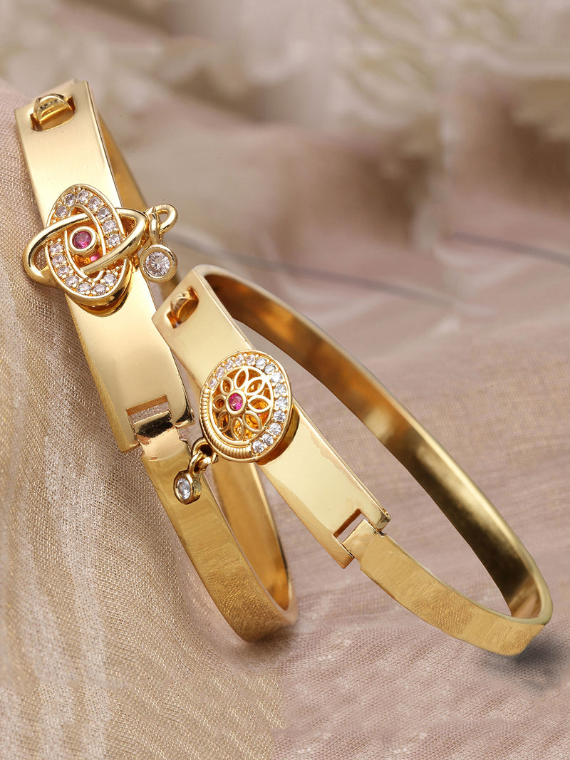 Gold Plated Minimal Design Drop CZ Studded Cuff Bracelet Set Of 2