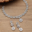 Rhodium-Plated with Silver-Toned Floral Design White American Diamond Studded Jewellery Set